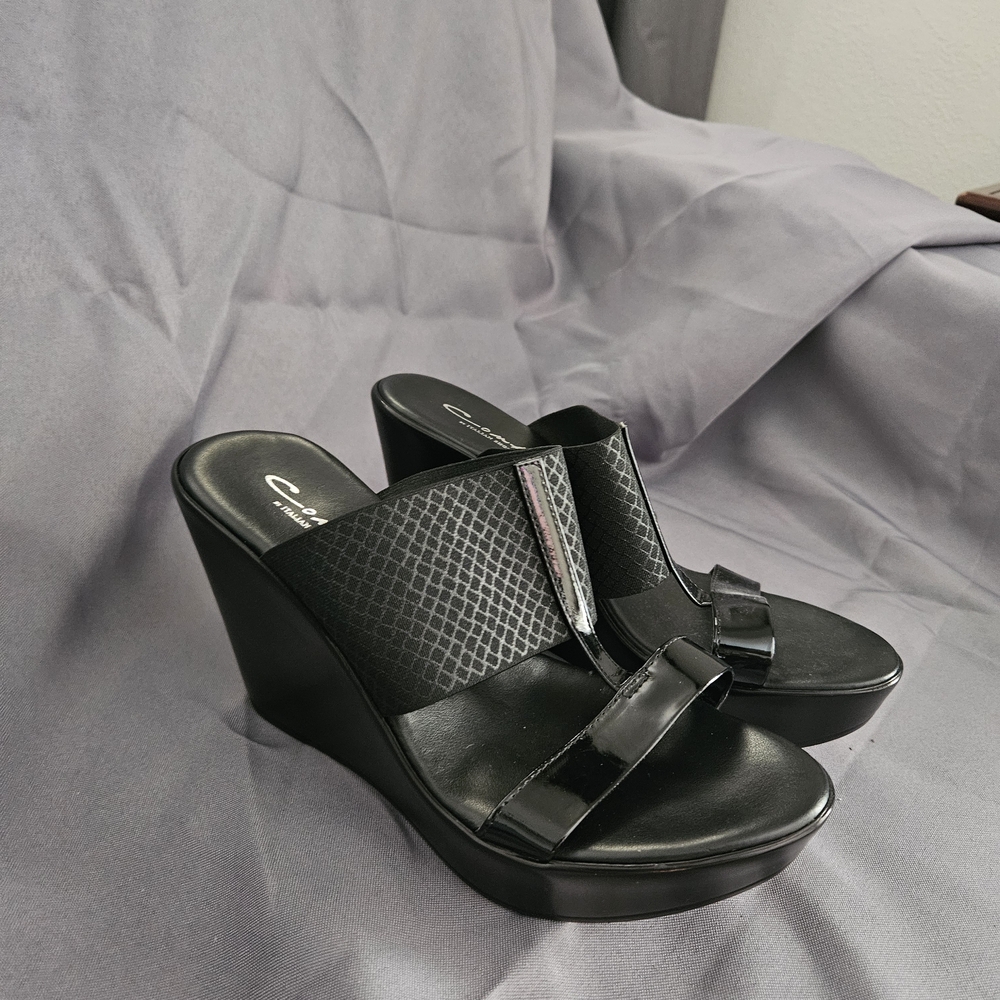 Calvin Klein Black Patent Wedge Sandals